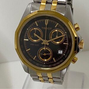 Tissot Genuine PR100 Men's Gold & Silver Black Dial Chronograph Watch | In Box!